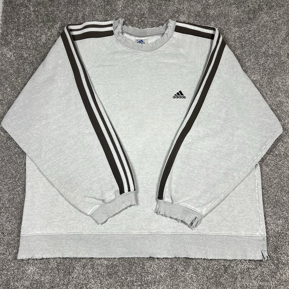 Vintage 90s Adidas Distressed Sweatshirt 2XL Gray Crewneck XXL Faded 3 Stripes